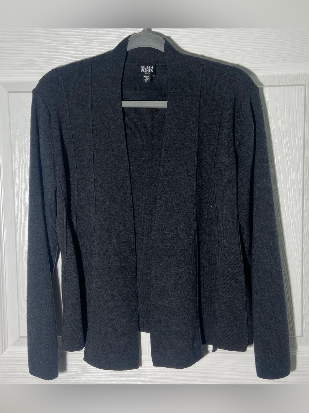 Eileen Fisher Petite Charcoal 100% Merino Wool Open Front Cardigan Sweater